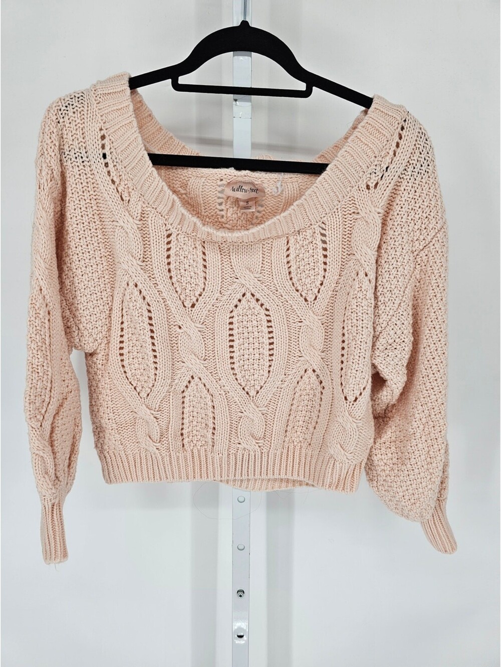 Willow Root Womens Sz S Cropped Thick Cable Knit Sweater Light Pink
